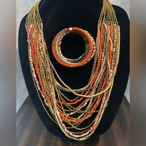 Source Unknown Vibrant Orange and Gold Necklace Set